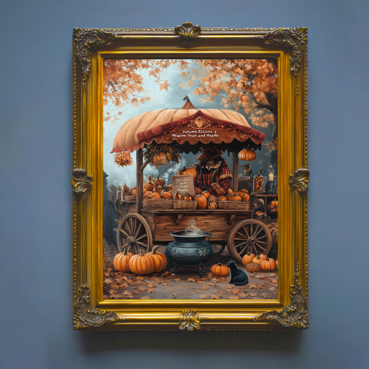 Witch's Pumpkin Wagon Print, Vintage Autumn Cottagecore Art