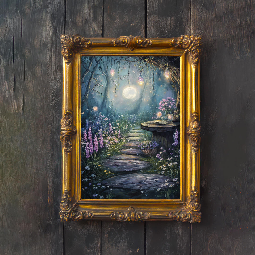 Cottagecore Night Garden Print, Vintage Witchy Moonlit Art