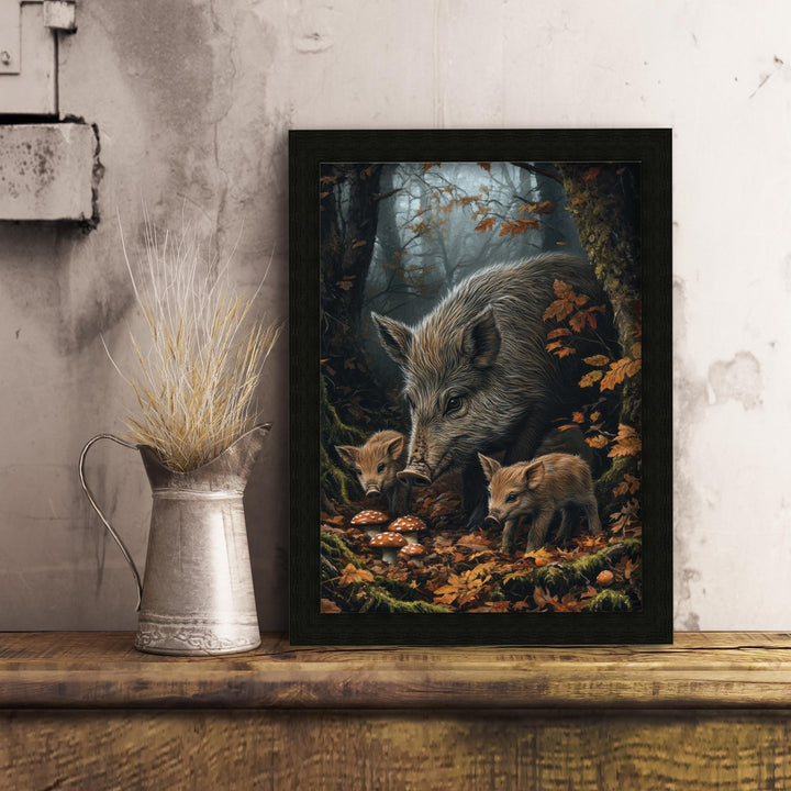 Wild Boar Family Print: Vintage Woodland Cottagecore Wall Decor
