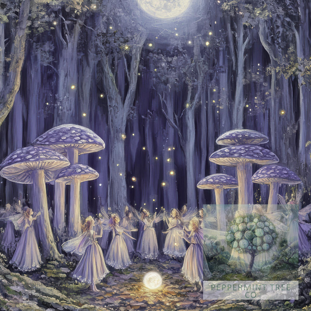 Mushroom Fairies Vintage Print, Enchanted Forest Cottagecore Wall Art