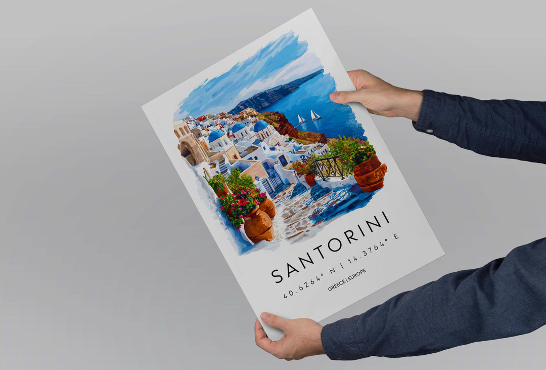 Santorini Watercolor Poster Santorini Travel Print Santorini Wall Art Santorini Cityscape Painting Santorini Souvenir Greece Decor