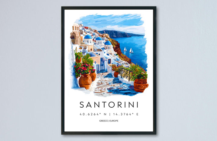 Santorini Watercolor Poster Santorini Travel Print Santorini Wall Art Santorini Cityscape Painting Santorini Souvenir Greece Decor