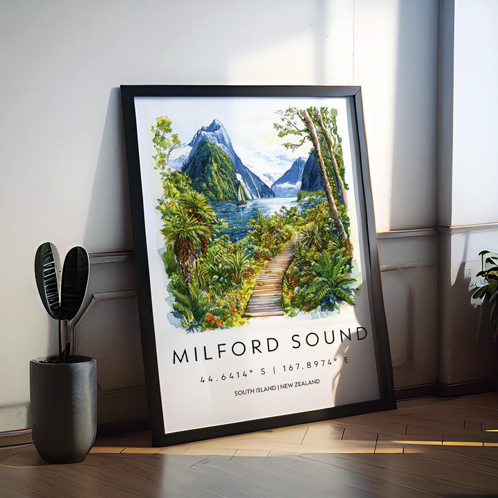 Milford Sound Watercolor Poster Milford Sound Travel Print Milford Sound Wall Art Milford Sound Landscape Painting Milford Sound Souvenir