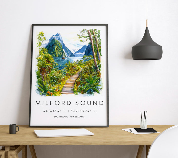 Milford Sound Watercolor Poster Milford Sound Travel Print Milford Sound Wall Art Milford Sound Landscape Painting Milford Sound Souvenir