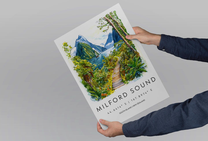 Milford Sound Watercolor Poster Milford Sound Travel Print Milford Sound Wall Art Milford Sound Landscape Painting Milford Sound Souvenir
