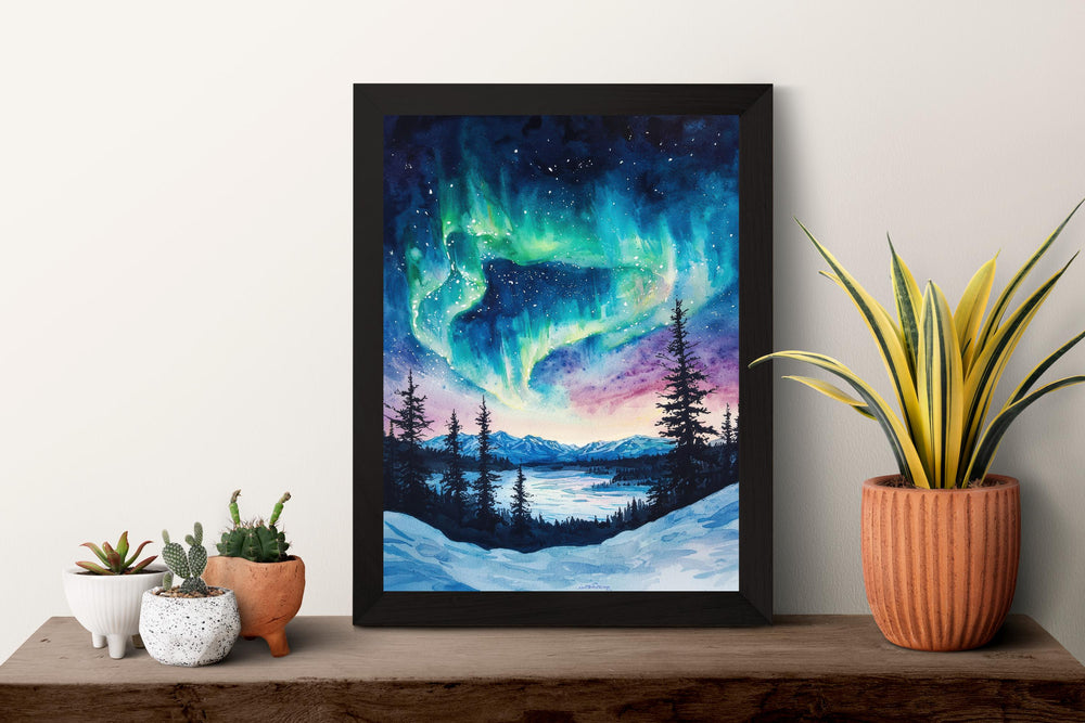 Northern Lights Watercolor Poster Aurora Borealis Print Arctic Sky Wall Art Northern Lights Painting Travel Souvenir Nature Decor