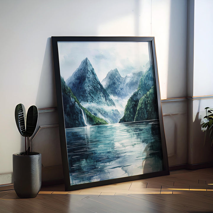 Milford Sound Watercolor Poster Milford Sound Travel Print Milford Sound Wall Art New Zealand Landscape Painting Decor
