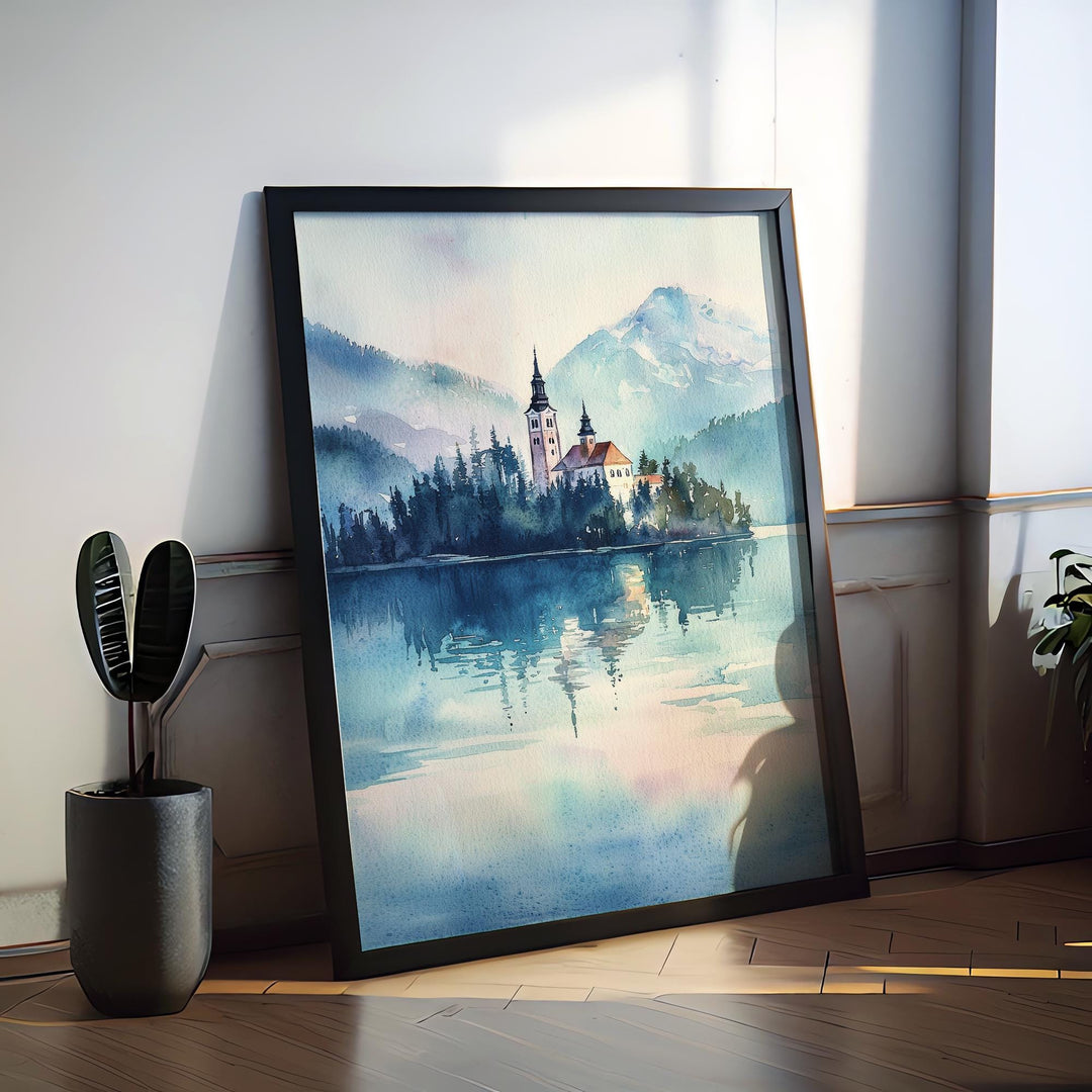 Lake Bled Watercolor Poster Lake Bled Travel Print Lake Bled Wall Art Lake Bled Landscape Painting Slovenia Souvenir Decor