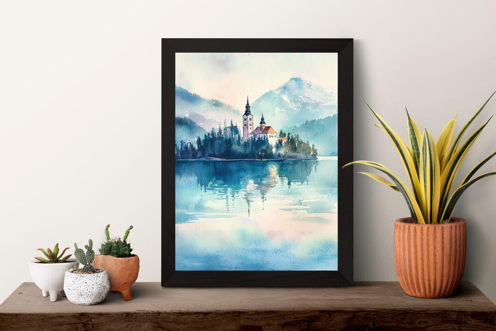 Lake Bled Watercolor Poster Lake Bled Travel Print Lake Bled Wall Art Lake Bled Landscape Painting Slovenia Souvenir Decor