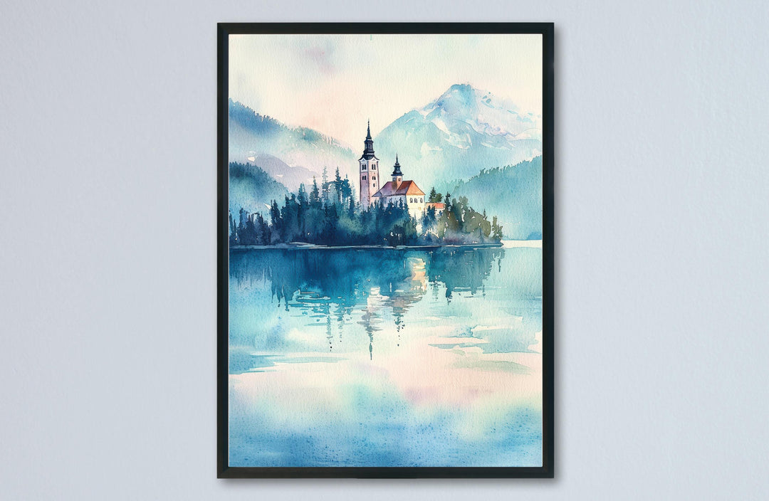 Lake Bled Watercolor Poster Lake Bled Travel Print Lake Bled Wall Art Lake Bled Landscape Painting Slovenia Souvenir Decor