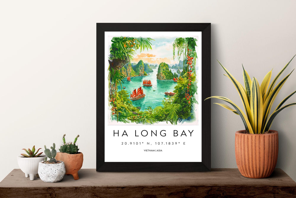 Ha Long Bay Watercolor Poster Ha Long Bay Travel Print Ha Long Bay Wall Art Vietnam Landscape Painting Ha Long Souvenir Decor