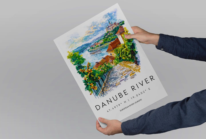 Danube River Watercolor Poster Danube Travel Print Danube Wall Art River Landscape Painting Europe Souvenir Scenic Decor