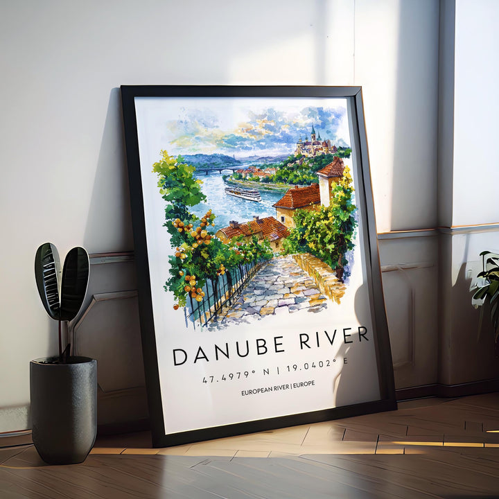 Danube River Watercolor Poster Danube Travel Print Danube Wall Art River Landscape Painting Europe Souvenir Scenic Decor