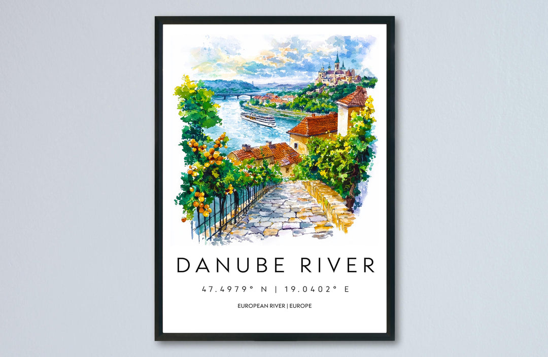 Danube River Watercolor Poster Danube Travel Print Danube Wall Art River Landscape Painting Europe Souvenir Scenic Decor