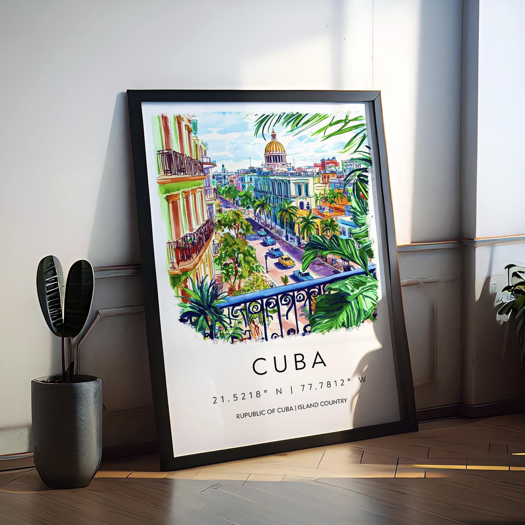 Cuba Watercolor Poster Cuba Travel Print Cuba Wall Art Havana Cityscape Painting Cuba Souvenir Caribbean Island Decor