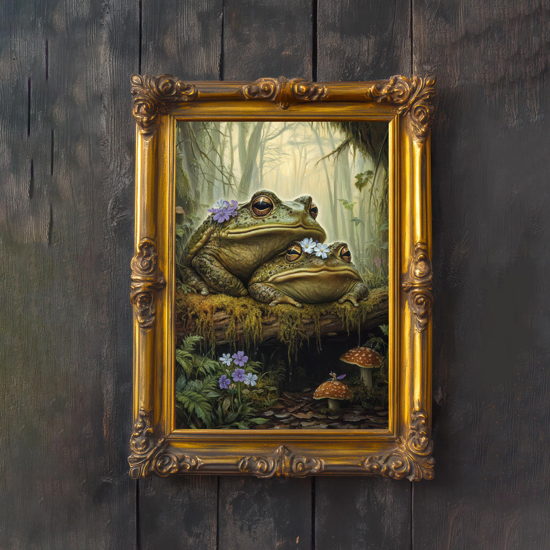 Mossy Toads Cottagecore Print: Vintage Woodland Animal Art