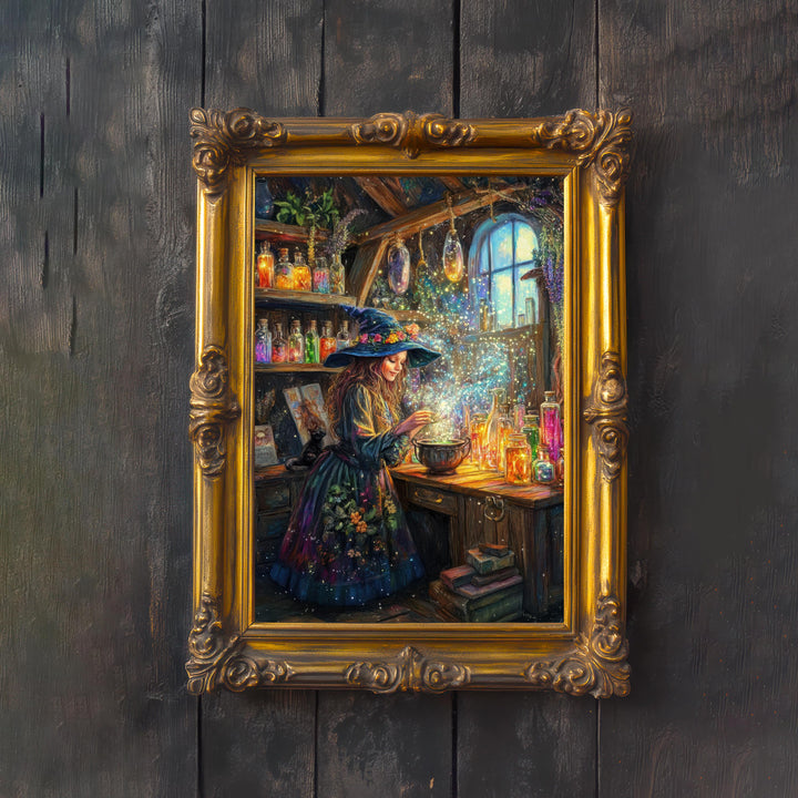 Rainbow Potion Witch Print, Vintage Cottagecore Magical Art