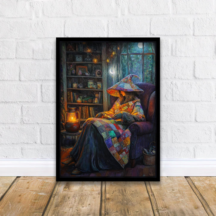 Patchwork Quilt Witch Art Print, Vintage Cottagecore Illustration