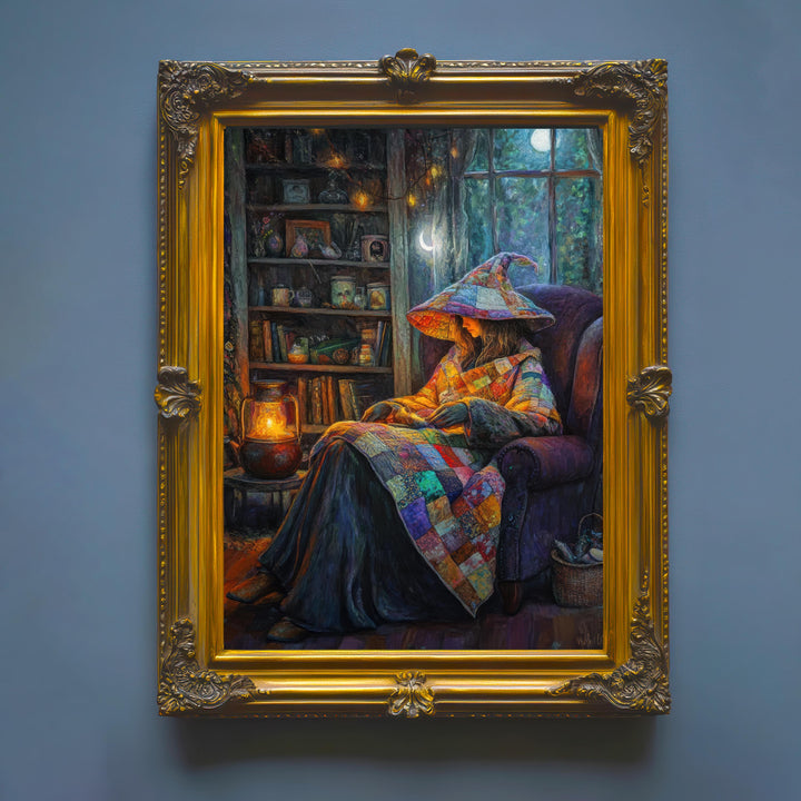 Patchwork Quilt Witch Art Print, Vintage Cottagecore Illustration