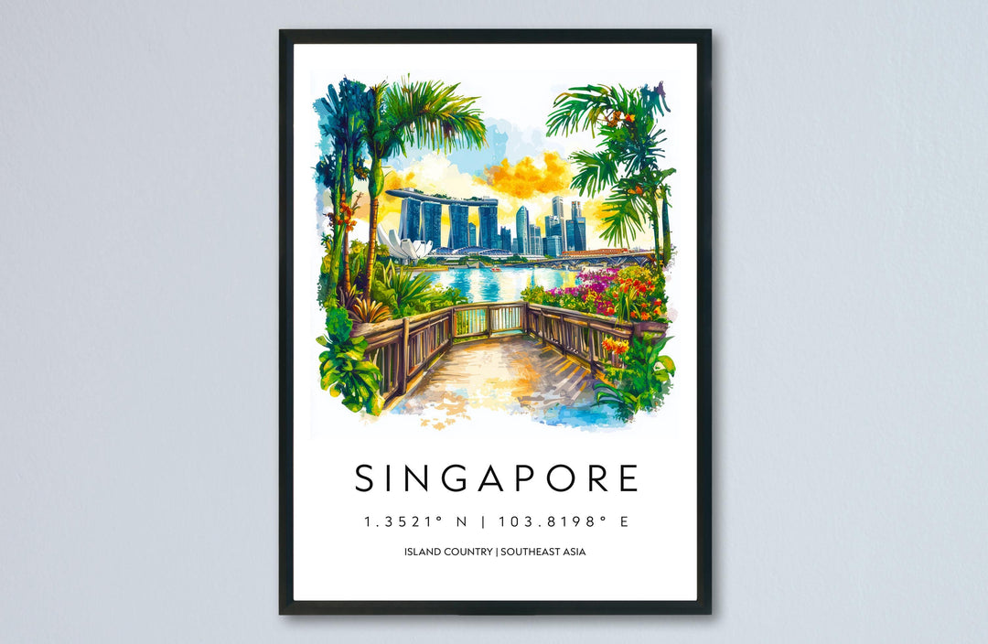 Singapore Watercolor Poster Singapore Travel Print Singapore Wall Art Cityscape Painting Singapore Souvenir Asia Decor