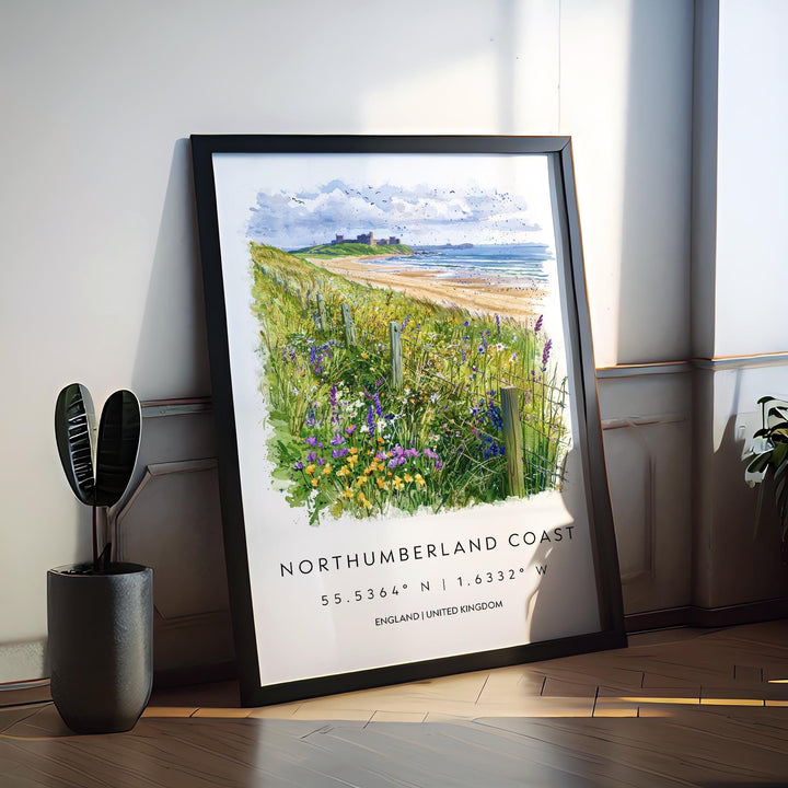 Northumberland Coast Watercolor Poster Travel Print Wall Art UK Coastal Painting Northumberland Landscape Souvenir Decor