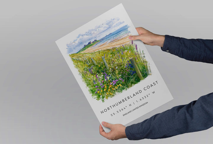 Northumberland Coast Watercolor Poster Travel Print Wall Art UK Coastal Painting Northumberland Landscape Souvenir Decor