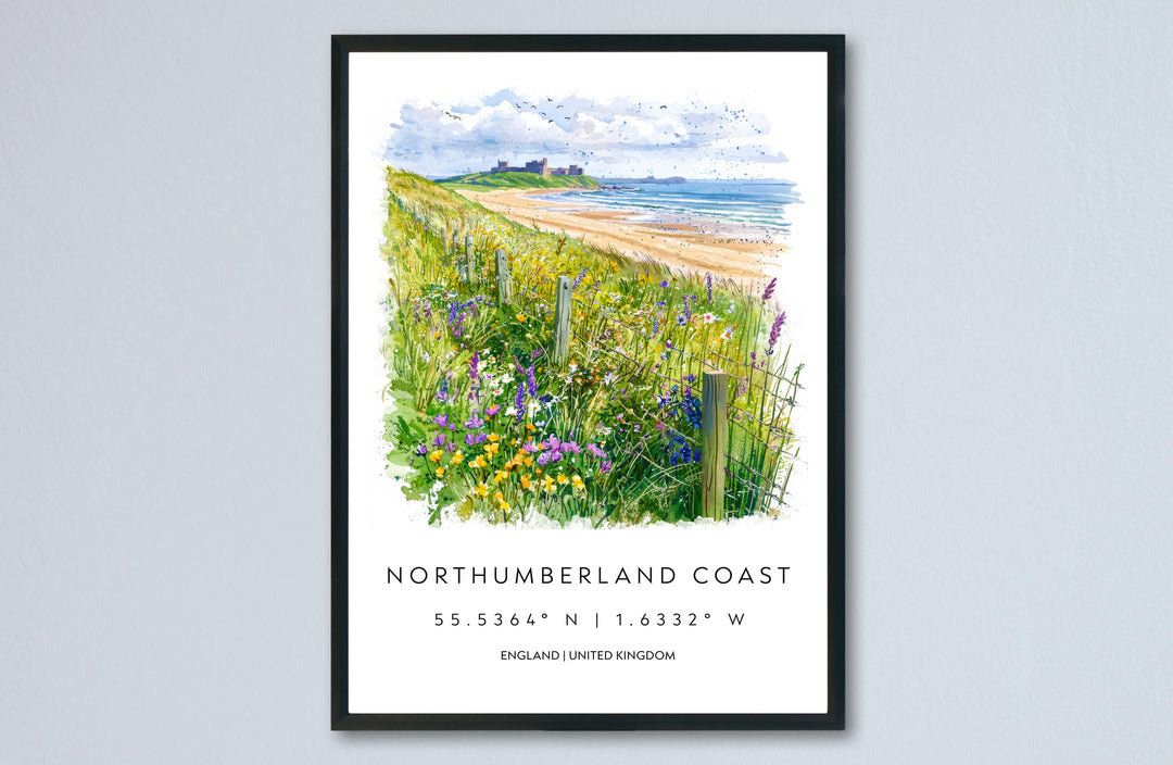 Northumberland Coast Watercolor Poster Travel Print Wall Art UK Coastal Painting Northumberland Landscape Souvenir Decor