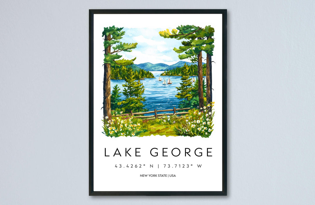 Lake George Watercolor Poster Lake George Travel Print Lake George Wall Art Adirondacks Painting Nature Souvenir Decor