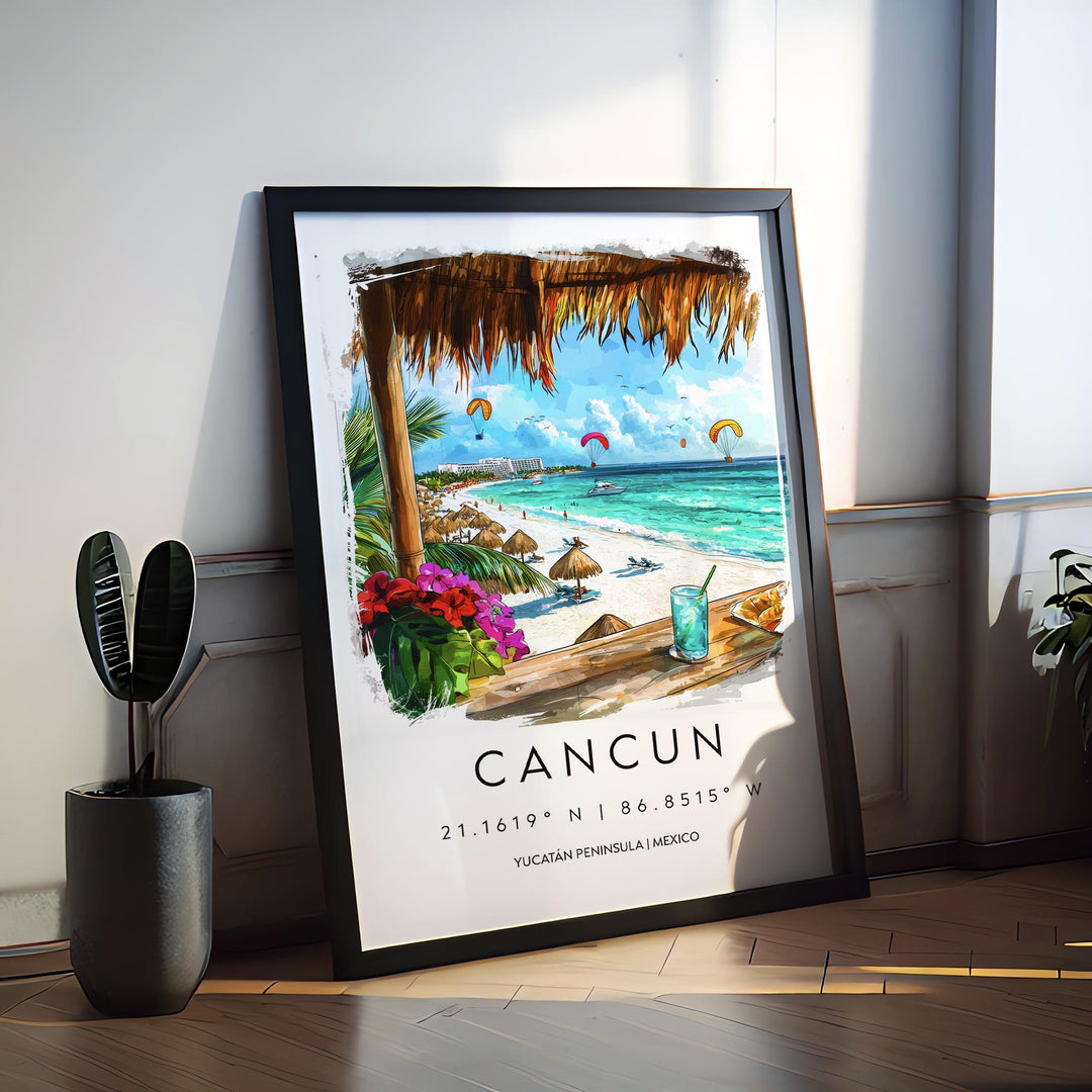 Cancun Watercolor Poster Cancun Travel Print Cancun Wall Art Mexico Beach Painting Cancun Souvenir Tropical Decor