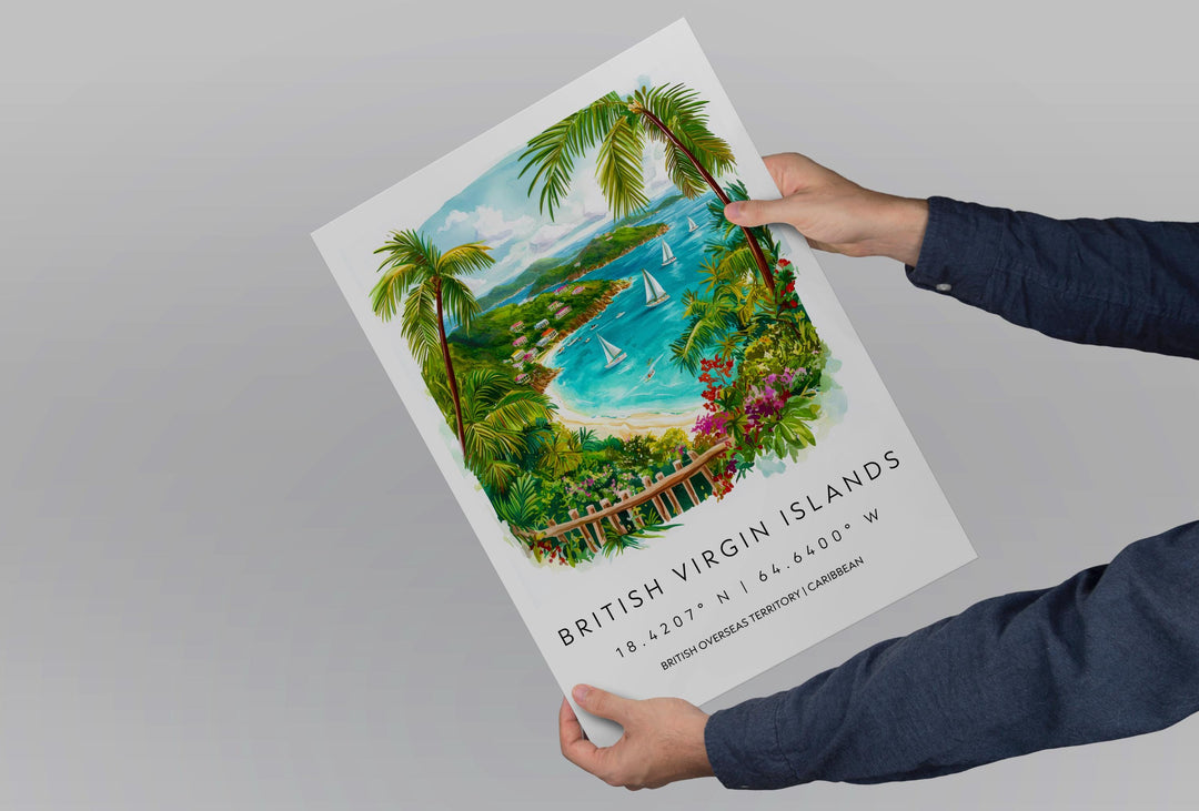 British Virgin Islands Watercolor Poster BVI Travel Print Island Wall Art Caribbean Painting Tropical Beach Decor