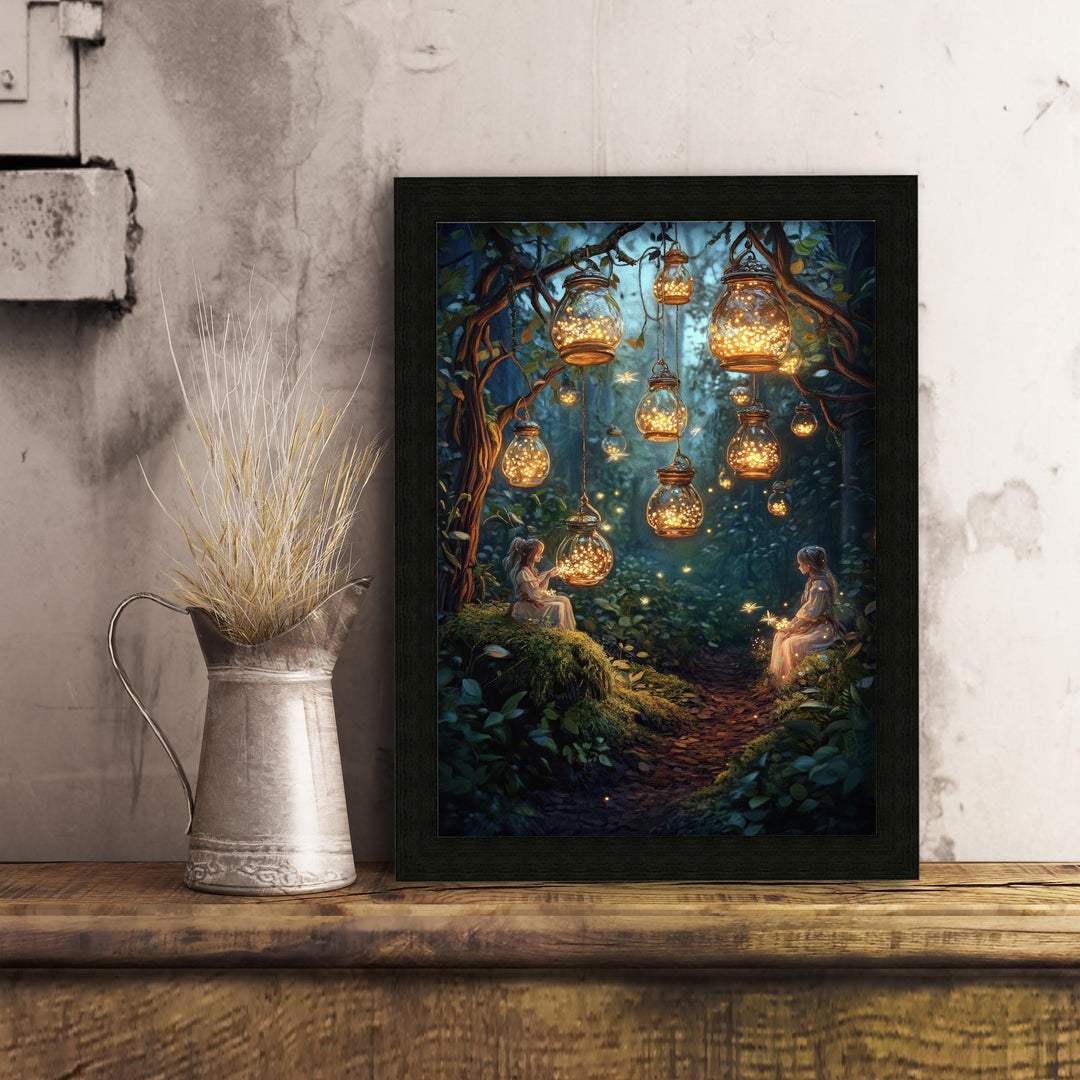 Firefly Lantern Fairies Print, Vintage Cottagecore Fairytale Art