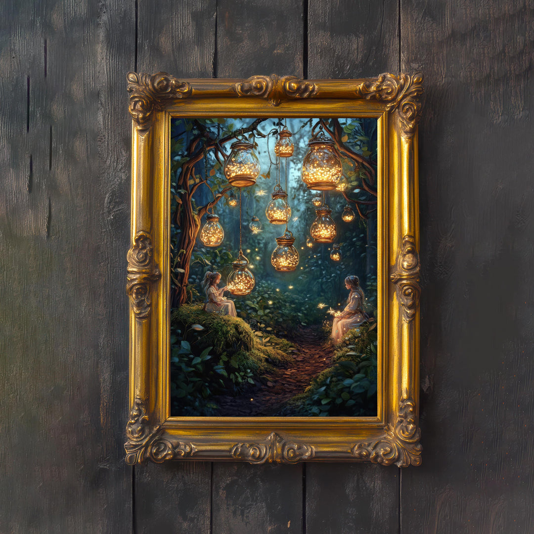 Firefly Lantern Fairies Print, Vintage Cottagecore Fairytale Art