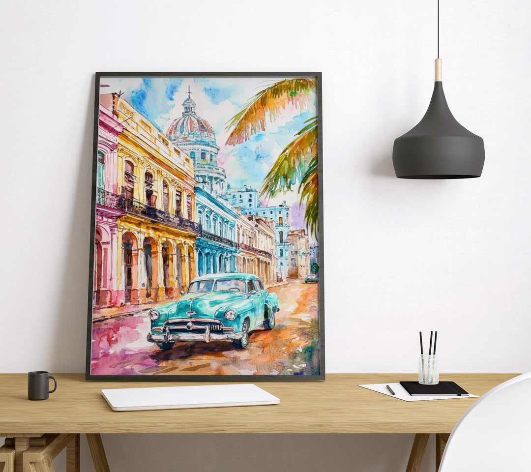 Cuba Watercolor Poster Cuba Travel Print Cuba Wall Art Vintage Car Painting Havana Cityscape Cuba Souvenir Decor