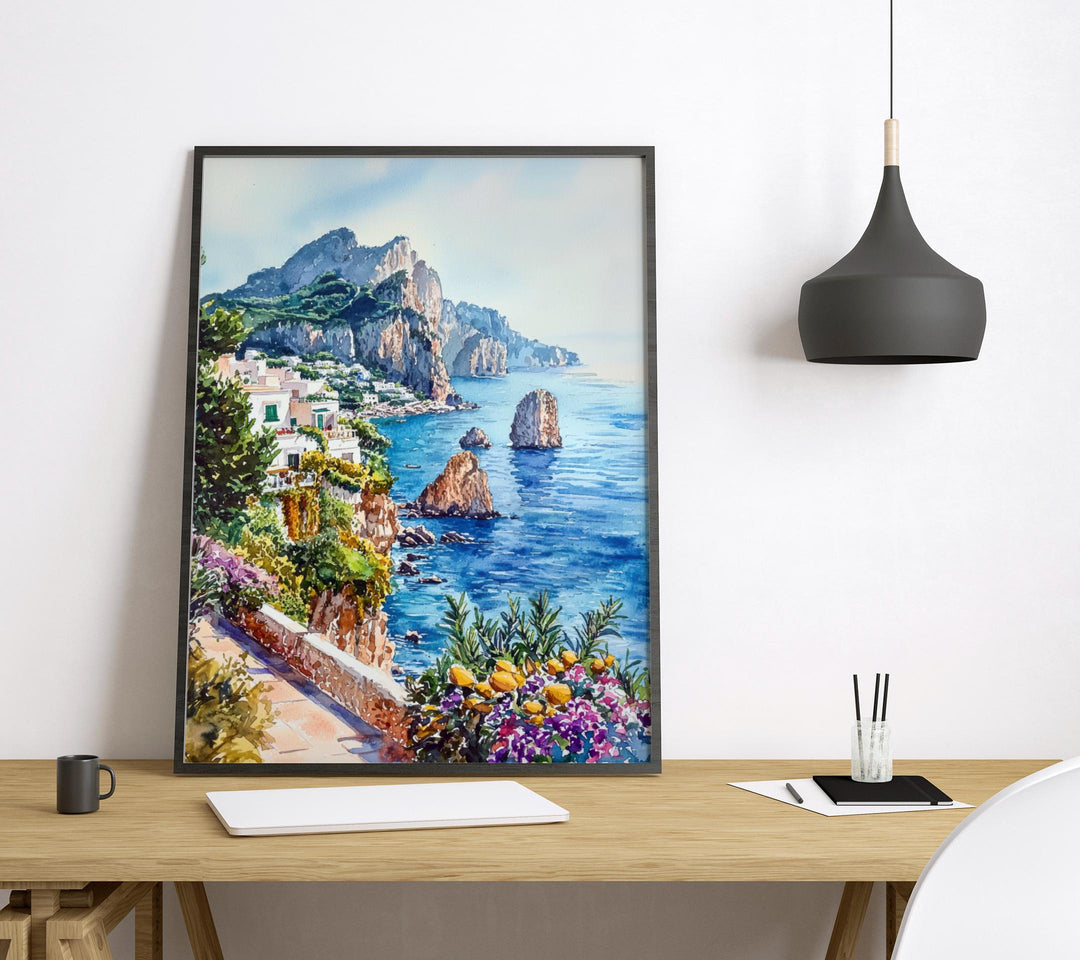 Capri Watercolor Poster Capri Travel Print Capri Wall Art Italy Island Painting Capri Souvenir Mediterranean Decor