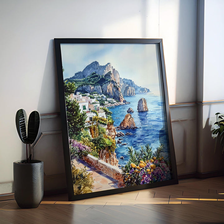 Capri Watercolor Poster Capri Travel Print Capri Wall Art Italy Island Painting Capri Souvenir Mediterranean Decor
