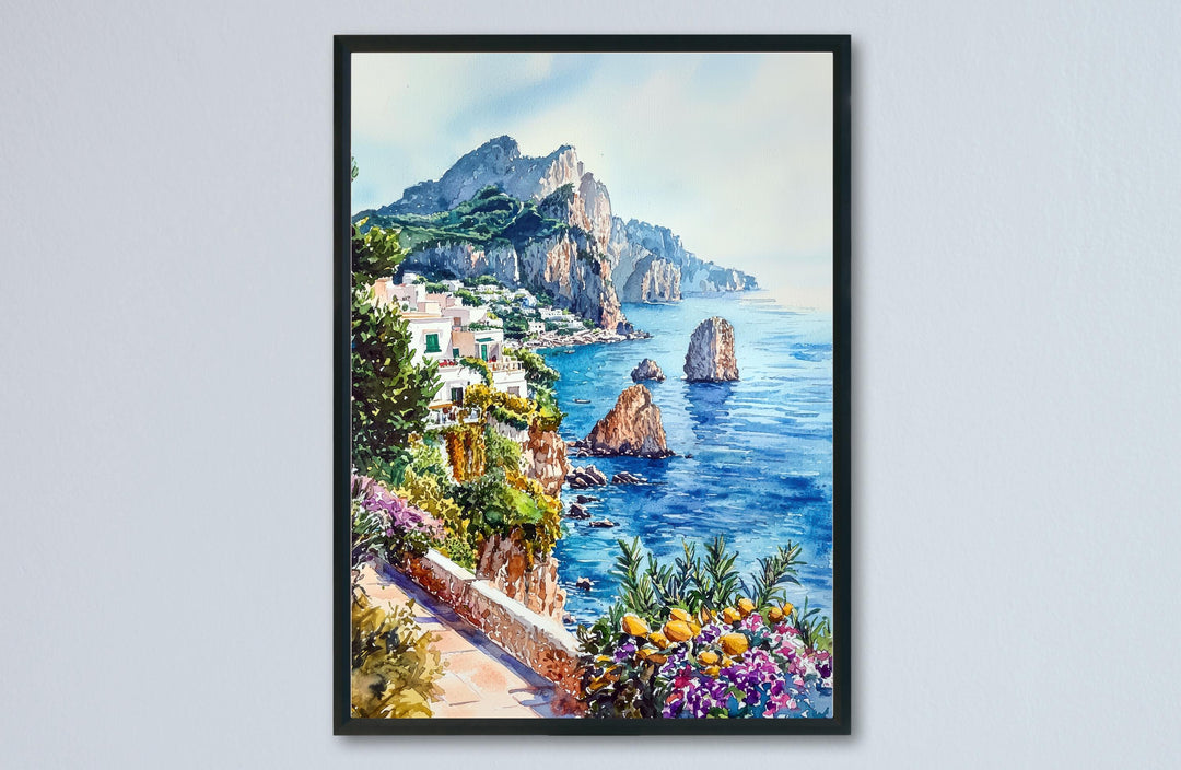 Capri Watercolor Poster Capri Travel Print Capri Wall Art Italy Island Painting Capri Souvenir Mediterranean Decor