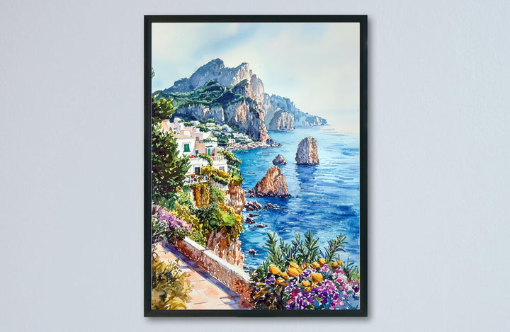 Capri Watercolor Poster Capri Travel Print Capri Wall Art Italy Island Painting Capri Souvenir Mediterranean Decor