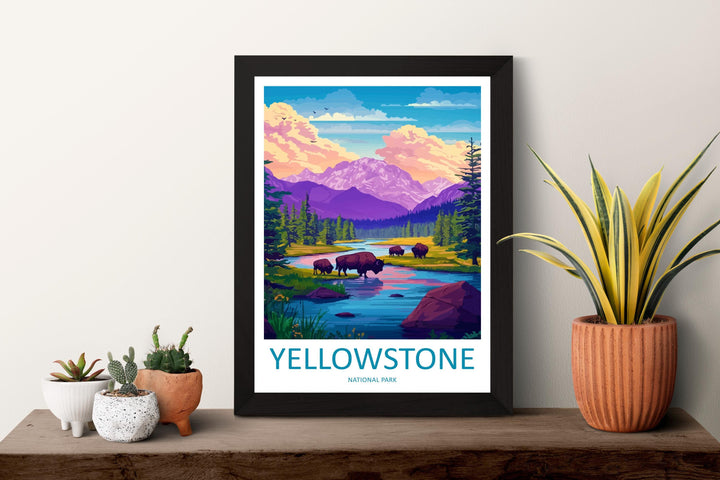 Yellowstone Cartoon Travel Poster National Park Wall Art Wyoming Print Mountain Illustration Nature Decor Yellowstone Souvenir Gift