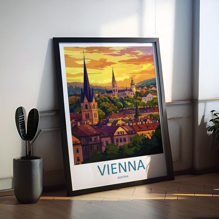 Vienna Cartoon Travel Poster Austria Wall Art Cityscape Print European Illustration Historic Decor Vienna Souvenir Gift