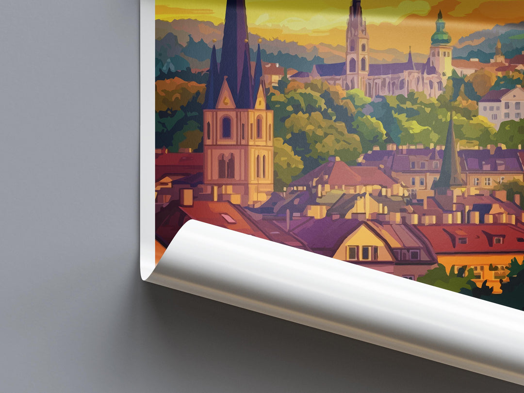 Vienna Cartoon Travel Poster Austria Wall Art Cityscape Print European Illustration Historic Decor Vienna Souvenir Gift