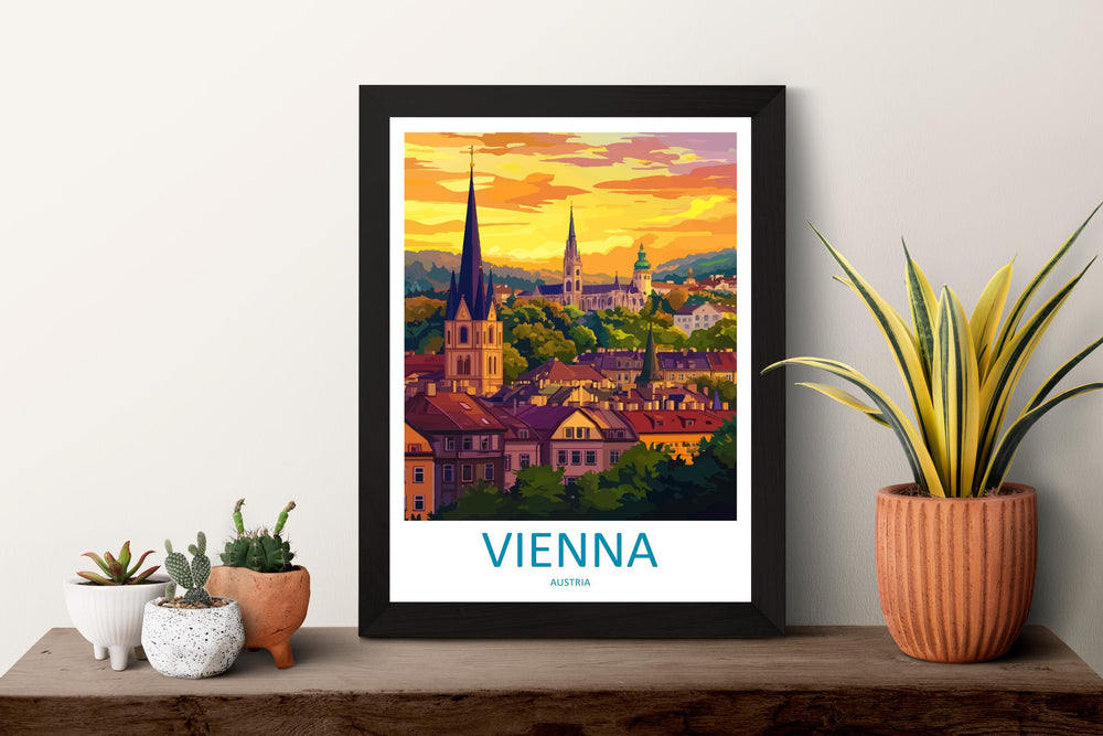 Vienna Cartoon Travel Poster Austria Wall Art Cityscape Print European Illustration Historic Decor Vienna Souvenir Gift