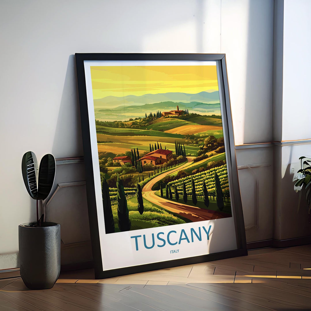 Tuscany Cartoon Travel Poster Italy Wall Art Countryside Print Vineyard Illustration Rustic Decor Tuscany Souvenir Gift
