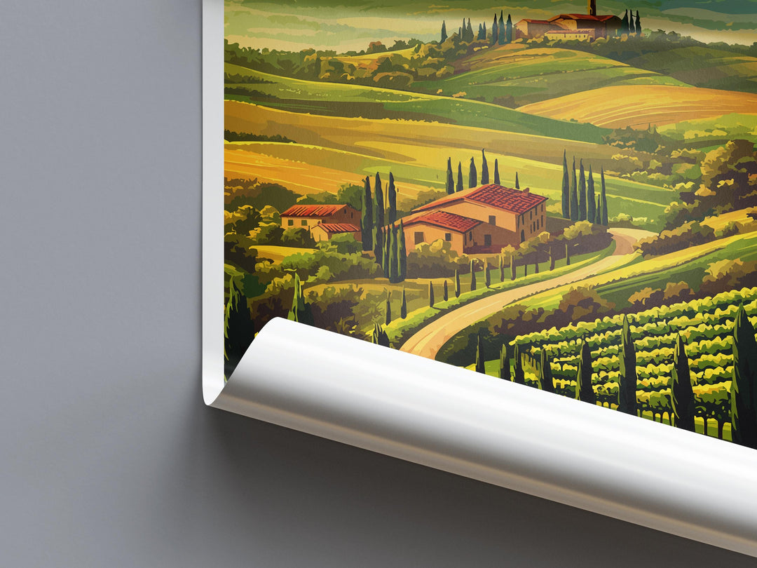 Tuscany Cartoon Travel Poster Italy Wall Art Countryside Print Vineyard Illustration Rustic Decor Tuscany Souvenir Gift