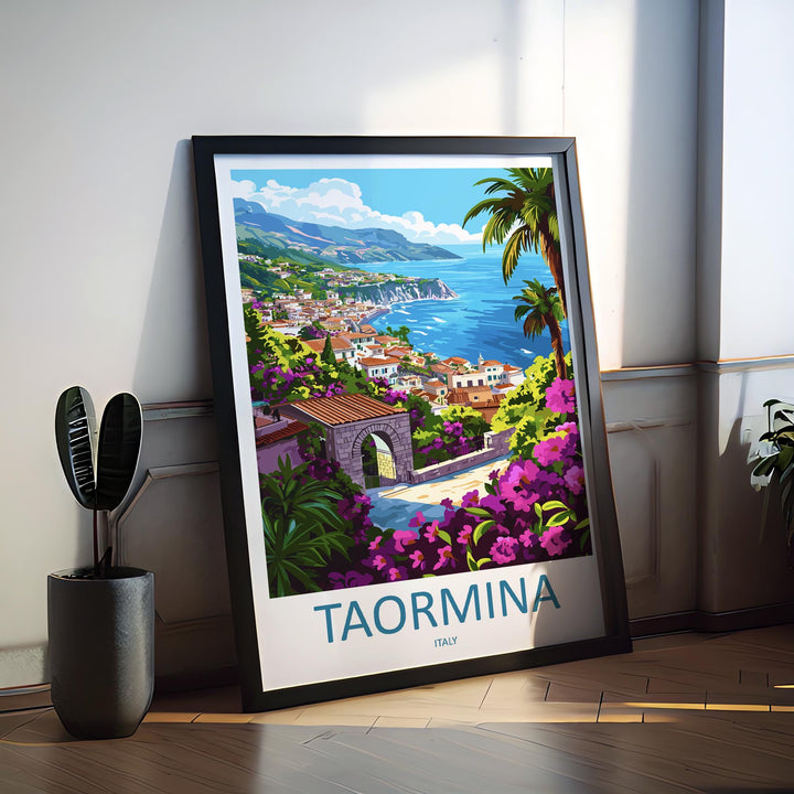 Taormina Cartoon Travel Poster Sicily Wall Art Italy Print Coastal Illustration Mediterranean Decor Taormina Souvenir Gift