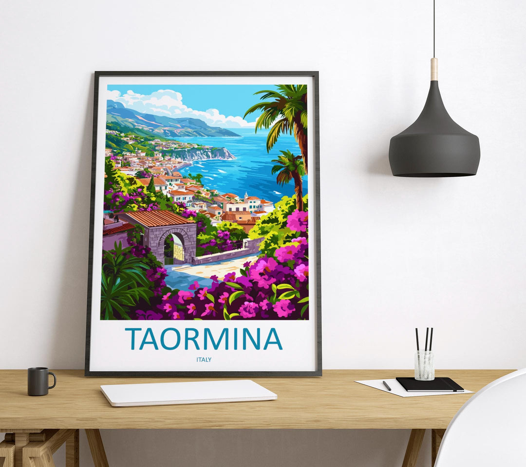 Taormina Cartoon Travel Poster Sicily Wall Art Italy Print Coastal Illustration Mediterranean Decor Taormina Souvenir Gift