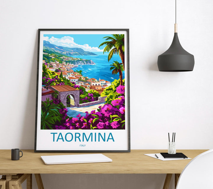 Taormina Cartoon Travel Poster Sicily Wall Art Italy Print Coastal Illustration Mediterranean Decor Taormina Souvenir Gift
