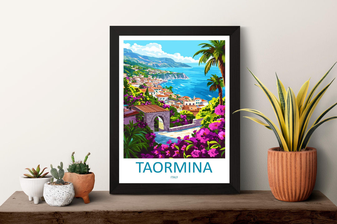 Taormina Cartoon Travel Poster Sicily Wall Art Italy Print Coastal Illustration Mediterranean Decor Taormina Souvenir Gift
