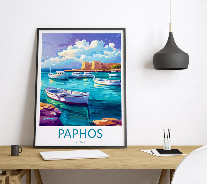 Paphos Cartoon Travel Poster Cyprus Wall Art Coastal Print Mediterranean Illustration Historic Decor Paphos Souvenir Gift