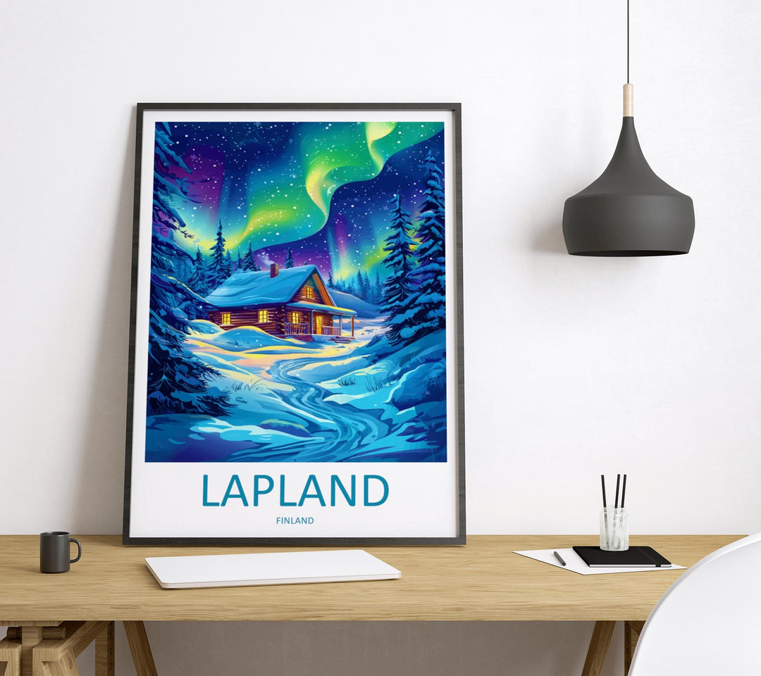 Lapland Cartoon Travel Poster Finland Wall Art Winter Print Arctic Illustration Snowy Decor Lapland Souvenir Gift