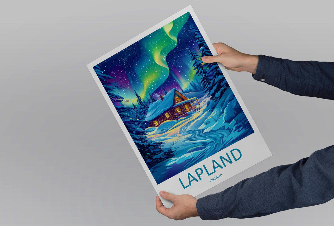Lapland Cartoon Travel Poster Finland Wall Art Winter Print Arctic Illustration Snowy Decor Lapland Souvenir Gift
